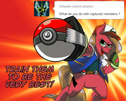 Size: 1000x800 | Tagged: safe, artist:atomi-cat, artist:melissathehedgehog, oc, oc only, oc:pun, earth pony, pony, ash ketchum, ask, ask pun, bipedal, clothes, costume, duct tape, female, mare, pokéball, pokémon, reference, solo, tumblr