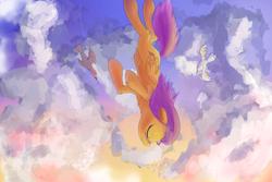 Size: 1500x1000 | Tagged: safe, artist:qweeli, scootaloo, bird, animal, cloud, cloudy, falling, solo