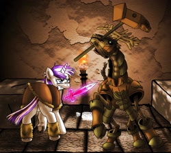 Size: 2013x1800 | Tagged: safe, artist:infinityvoid, twilight velvet, deer, armor, fanfic art, fight, glowing eyes, gritted teeth, hammer, horseshoes, magic, messy mane, skeleton, sword, telekinesis