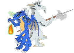 Size: 3000x2165 | Tagged: safe, artist:cheezedoodle96, derpibooru import, oc, oc only, dragon, blue dragon, chromatic dragon, dragon oc, dungeons and dragons, duo, fire, fireball, halberd, magic, magic aura, metallic dragon, silver dragon, simple background, teenaged dragon, transparent background, vector