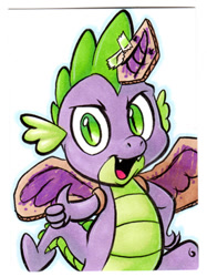 Size: 274x366 | Tagged: safe, artist:retrostarling, derpibooru import, spike, dragon, fake horn, fake wings, solo, traditional art