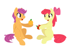 Size: 2000x1500 | Tagged: safe, artist:geomancing, apple bloom, scootaloo, trade ya, apple, orange