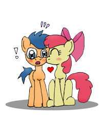 Size: 627x751 | Tagged: safe, artist:jrapcdaikari, apple bloom, first base, bloombase, blushing, colt, exclamation point, eyes closed, female, filly, floating heart, heart, kissing, male, shipping, simple background, straight, surprise kiss, surprised, sweat, sweatdrops, transparent background