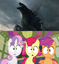 Size: 1112x1212 | Tagged: safe, apple bloom, scootaloo, sweetie belle, kaiju, cutie mark crusaders, godzilla, godzilla (series), godzilla 2014, obligatory pony, reaction