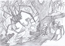 Size: 1024x725 | Tagged: safe, artist:brony-f, spider, bilbo baggins, desolation of smaug, monochrome, ponified, spawn of ungoliant, the hobbit