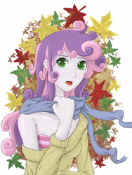 Size: 1800x2400 | Tagged: safe, artist:novaquinmat, sweetie belle, human, autumn, clothes, humanized, leaves, off shoulder, older, scarf, solo, sweater