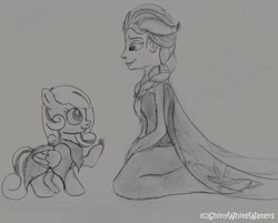 Size: 800x643 | Tagged: safe, artist:sketch-shepherd, oc, oc:snowdrop, crossover, elsa, frozen (movie), monochrome