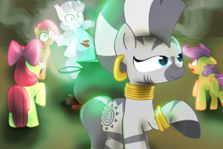 Size: 1500x1000 | Tagged: dead source, safe, artist:jencita, apple bloom, babs seed, scootaloo, sweetie belle, zecora, bat pony, pony, zebra, bat ponified, cutie mark crusaders, sweetie bat