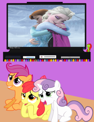 Size: 1170x1524 | Tagged: safe, apple bloom, scootaloo, sweetie belle, anna, cutie mark crusaders, elsa, exploitable meme, frozen (movie), meme, obligatory pony, tv meme