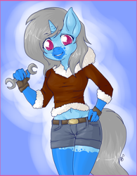 Size: 780x1000 | Tagged: safe, artist:dizzywaiter, oc, oc only, oc:roiling steam, anthro, unicorn, anthro oc, belly button, belt, clothes, hand on hip, midriff, shorts, solo, sweater, wrench