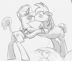 Size: 708x607 | Tagged: safe, artist:gsphere, derpibooru import, big macintosh, trenderhoof, earth pony, pony, gay, kissing, male, monochrome, shipping, sketch, stallion, trendermac