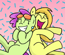 Size: 500x422 | Tagged: safe, artist:manulis, oc, oc only, earth pony, pony, ear piercing, eyes closed, female, grin, happy, laughing, mare, open mouth, piercing, sitting, smiling