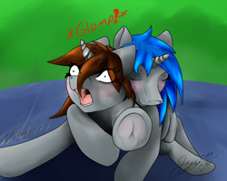 Size: 2500x2000 | Tagged: safe, artist:thunder-stream, derpibooru import, oc, oc only, oc:homage, oc:littlepip, pony, unicorn, fallout equestria, blushing, eyes closed, fanfic, fanfic art, female, glomp, hooves, horn, hug, lesbian, lying down, mare, oc x oc, open mouth, pipmage, prone, shipping, smiling, teeth, underhoof