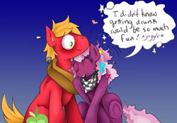 Size: 1149x800 | Tagged: safe, artist:susiebeeca, big macintosh, cheerilee, earth pony, pony, 80s, 80s cheerilee, blushing, cheerimac, drunk, eyes closed, heart, male, messy mane, open mouth, shipping, smiling, speech bubble, stallion, straight, sweatdrop, underhoof, wavy mouth, wide eyes, younger