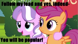 Size: 1281x719 | Tagged: safe, screencap, diamond tiara, scootaloo, twilight time, lyrics, not sure if want, popular, song reference, wicked