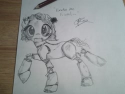 Size: 2048x1536 | Tagged: safe, artist:retrosketch, robot, anni maretronic, damaged, five nights at freddy's, monochrome, solo, traditional art