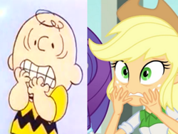 Size: 1024x768 | Tagged: safe, derpibooru import, equestria girls, rainbow rocks, charlie brown, comparison, peanuts, shocked, similarities