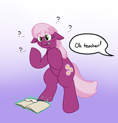 Size: 1200x1250 | Tagged: safe, artist:robertge, derpibooru import, cheerilee, earth pony, pony, bipedal, book, clenched teeth, confused, eye clipping through hair, floppy ears, glasses, human to pony, magic, question mark, rule 63, solo, speech bubble, sweat, sweatdrops, transformation, transgender transformation