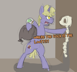 Size: 950x880 | Tagged: safe, artist:plain, derpibooru import, oc, oc only, pony, fallout equestria, angry, bag, bipedal, glare, open mouth, pointing, poking, skeleton, solo, vulgar