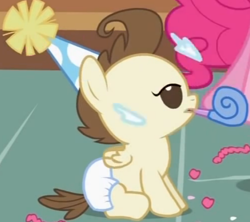 Size: 664x590 | Tagged: safe, screencap, pound cake, pony, baby cakes, baby, baby pony, colt, cute, diaper, diapered, diapered colt, hat, lidded eyes, male, noisemaker, one month old colt, open mouth, party hat, sitting, solo, white diaper