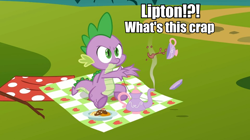 Size: 960x539 | Tagged: safe, derpibooru import, screencap, spike, dragon, image macro, lipton's tea, meme, solo, tea, unamused