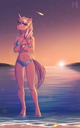 Size: 800x1280 | Tagged: safe, artist:margony, oc, oc only, anthro, unguligrade anthro, unicorn, beach, bikini, clothes, scenery, shooting star, solo, swimsuit, wet mane