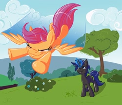 Size: 1280x1106 | Tagged: safe, artist:blackspiritwolf, derpibooru import, scootaloo, oc, oc:river rhyme, flying, magic