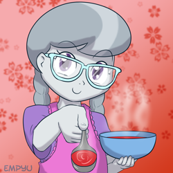 Size: 1000x1000 | Tagged: safe, artist:empyu, silver spoon, equestria girls, food, glasses, offscreen character, pov, solo, soup, spoon