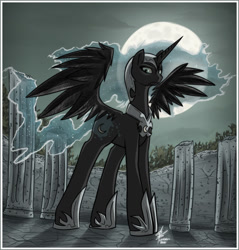 Size: 1024x1070 | Tagged: safe, artist:slawomiro, derpibooru import, nightmare moon, desaturated, female, mare, moon, night, solo