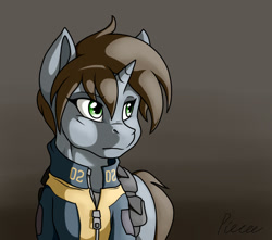 Size: 1024x904 | Tagged: safe, artist:whitepone, oc, oc only, oc:littlepip, pony, unicorn, fallout equestria, clothes, fanfic, fanfic art, female, gradient background, horn, mare, saddle bag, solo, vault suit