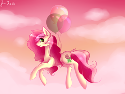 Size: 1024x768 | Tagged: safe, artist:saoiirse, roseluck, earth pony, pony, balloon, female, mare, solo, two toned mane, white coat