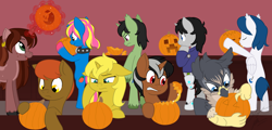 Size: 1280x614 | Tagged: safe, artist:pokemon-chick-1, oc, oc only, oc:color boom, oc:star sparkler, oc:ticket, griffon, halloween, holiday, pumpkin, pumpkin carving, ticketsparkler