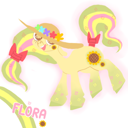 Size: 2000x2000 | Tagged: safe, artist:kaappimorso, derpibooru import, oc, oc only, oc:flora, bow, flower, hat, rainbow power, rainbow power-ified, solo, wreath