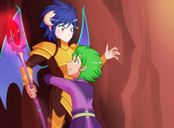Size: 1280x939 | Tagged: safe, artist:jonfawkes, dragon lord ember, princess ember, spike, human, gauntlet of fire, armor, bloodstone scepter, cute, dragon armor, elf ears, female, freckles, frown, hug, humanized, it's called a hug, male, scene interpretation, smiling, spread wings, wide eyes, winged humanization, wings