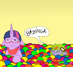 Size: 500x453 | Tagged: safe, artist:flow3r-child, derpibooru import, spike, twilight sparkle, dragon, ball pit, bazinga, clothes, glasses, scarf, the big bang theory