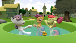 Size: 2560x1440 | Tagged: safe, artist:edplus, derpibooru import, apple bloom, scootaloo, sweetie belle, 3d, cutie mark crusaders, source filmmaker, splashing, swimming pool