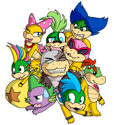 Size: 800x876 | Tagged: safe, artist:diamond--rose, spike, dragon, ball, bowser jr, crossover, iggy koopa, koopalings, larry koopa, lemmy koopa, ludwig von koopa, morton koopa jr., nintendo, roy koopa, simple background, super mario bros., super mario bros. 3, sweat, transparent background, wendy o. koopa