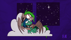 Size: 2880x1620 | Tagged: safe, artist:fluttershythekind, oc, oc only, oc:onyx firedraft, oc:swiftnote, pegasus, pony, clothes, cloud, cuddling, cute, duo, glasses, hat, night, scarf, snuggling, stars