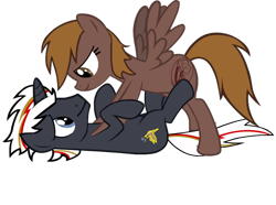 Size: 900x669 | Tagged: safe, artist:slowlearner46, derpibooru import, oc, oc only, oc:calamity, oc:velvet remedy, pegasus, pony, unicorn, fallout equestria, bedroom eyes, eye contact, female, male, mare, on back, rule 63, shipping, simple background, smiling, spread wings, stallion, straight, transparent background, vector, velamity, wingboner