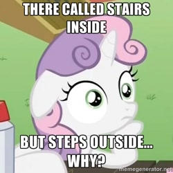 Size: 500x500 | Tagged: safe, derpibooru import, sweetie belle, pony, unicorn, exploitable meme, female, filly, horn, image macro, meme, misspelling, solo, sudden clarity sweetie belle, text, thinking, two toned mane, white coat, wide eyes