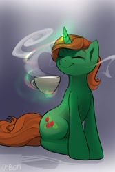 Size: 2400x3600 | Tagged: source needed, safe, artist:noben, oc, oc only, oc:winter green, pony, unicorn, hot drink, magic, sniffing, solo, telekinesis