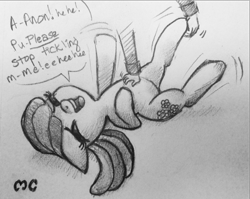 Size: 1083x860 | Tagged: safe, artist:mcponyponypony, derpibooru import, cheerilee, oc, oc:anon, anon in equestria, laughing, no tail, tickling, traditional art