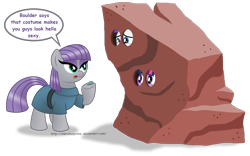 Size: 2752x1721 | Tagged: safe, artist:aleximusprime, derpibooru import, boulder (pet), maud pie, rarity, twilight sparkle, twilight sparkle (alicorn), alicorn, pony, unicorn, gauntlet of fire, disguise, female, mare, rock costume, simple background, speech bubble, transparent background