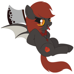 Size: 1600x1600 | Tagged: safe, artist:daieny, oc, oc only, bat pony, pony, axe, cross, cute, dark, fangs, looking at you, necklace, open mouth, sitting, smiling, solo, tongue out