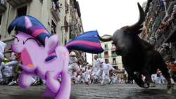 Size: 650x366 | Tagged: safe, artist:krazy3, artist:ojhat, derpibooru import, twilight sparkle, bull, human, building, irl, photo, ponies in real life, running with the bulls, solo, spain