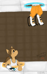 Size: 1024x1592 | Tagged: safe, artist:most-the-cat, chell, long fall horseshoe, ponified, portal, portal (valve), portal gun, solo