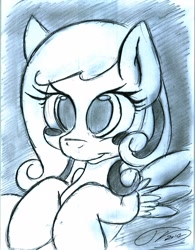 Size: 1712x2191 | Tagged: safe, artist:digitaldomain123, derpibooru import, oc, oc only, oc:snowdrop, fanart, monochrome, solo, traditional art