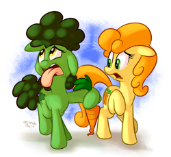 Size: 1200x1100 | Tagged: safe, artist:thedoggygal, derpibooru import, carrot top, golden harvest, oc, food pony, original species, broccoli, carrot