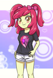 Size: 2362x3472 | Tagged: safe, artist:sumin6301, apple bloom, equestria girls, adorabloom, blushing, clothes, cute, hand on hip, shorts, solo, the cmc's cutie marks