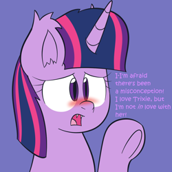 Size: 1280x1280 | Tagged: safe, artist:wheatley, derpibooru import, twilight sparkle, twilight sparkle (alicorn), alicorn, bat pony, pony, ask-batpony-twilight-and-trixie, bat ponified, blushing, fangs, frown, open mouth, race swap, shipping denied, solo, tumblr, twibat